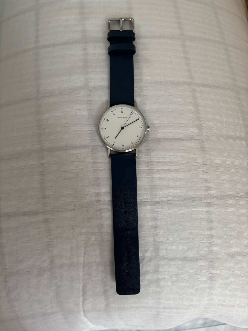 Classic Navy Leather Strap Watch with Silver Case